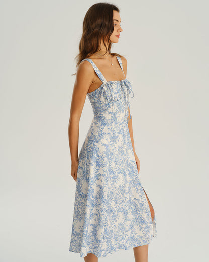 Blue Floral Slip Midi Dress with Side Slit - view 5