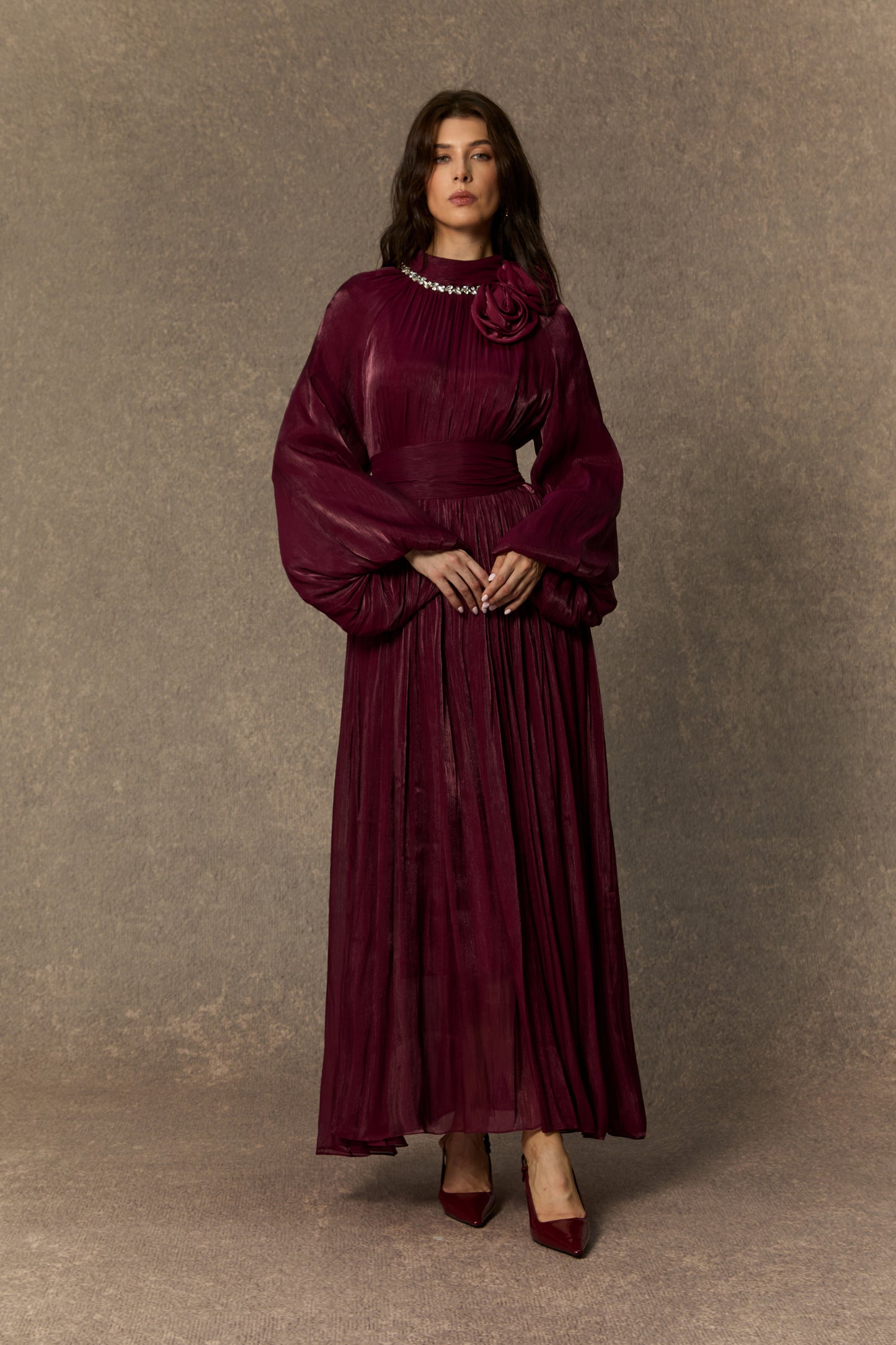 Maxi dress with pearl-trimmed collar and rosette brooches - view 5