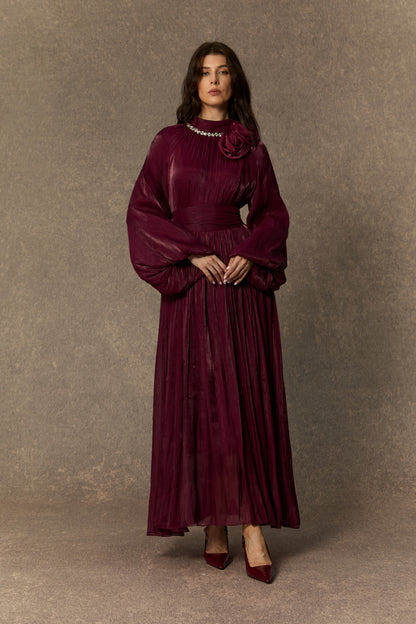 Maxi dress with pearl-trimmed collar and rosette brooches - view 5