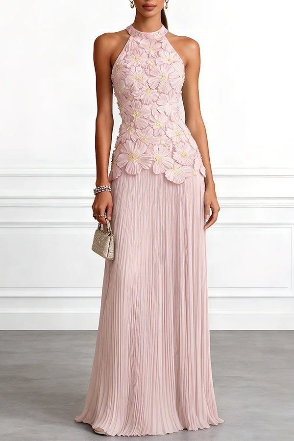 Blue Chiffon Halter Maxi Dress, Floral Embroidery - view 3