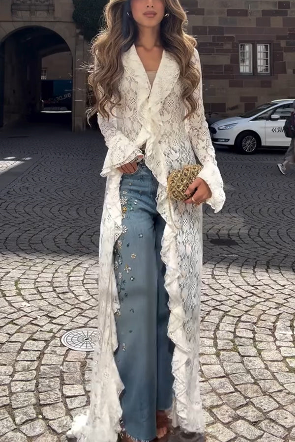 Bell Sleeve Lace Maxi Dress in White - view 4