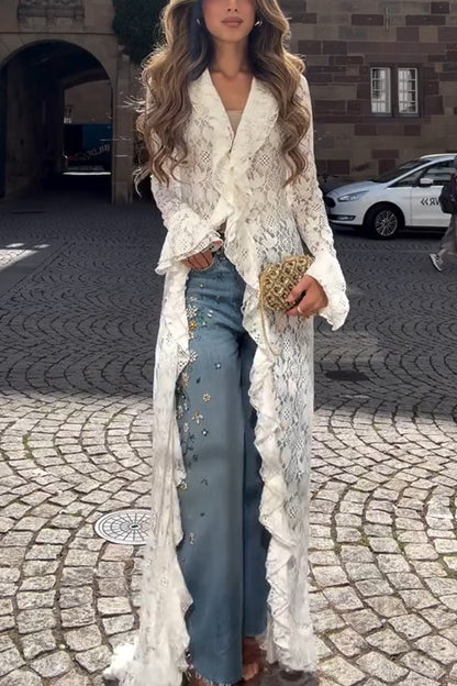 Bell Sleeve Lace Maxi Dress in White - view 4