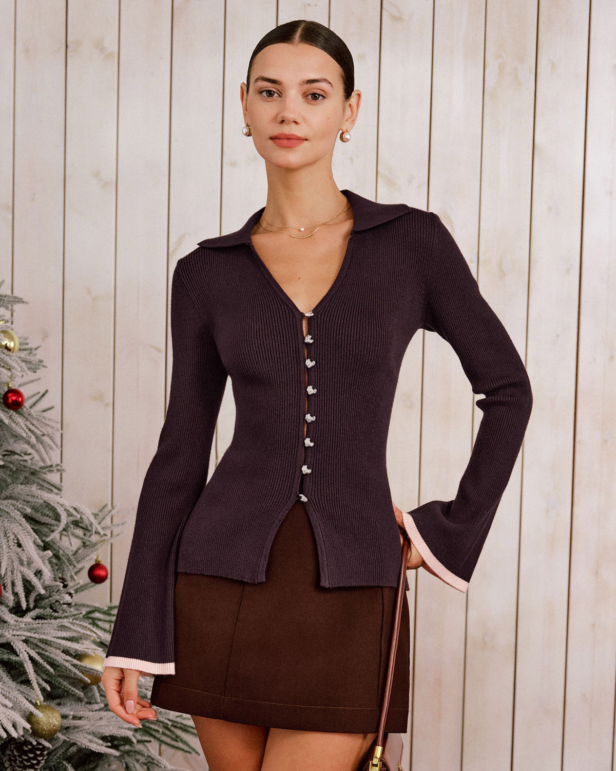 Purple Knit Bell Sleeve Cardigan - view 2