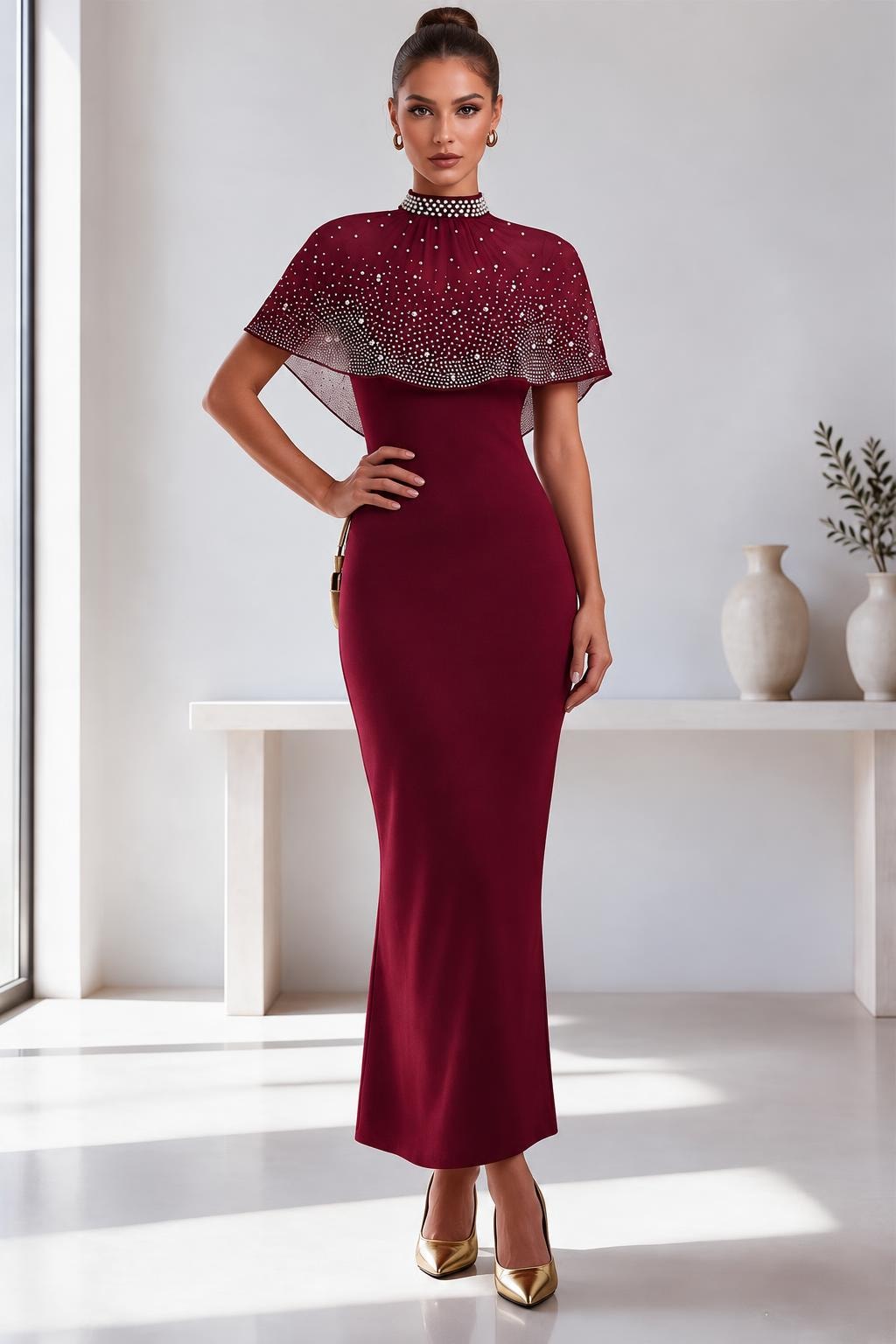 Polyester High-Neck Cape Sleeve Maxi Dress - 5