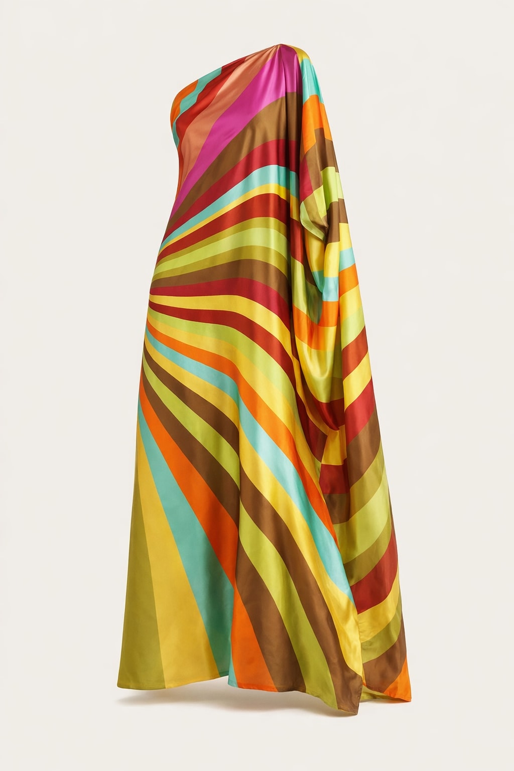 One-shoulder maxi dress in radiating sunburst stripes of yellow, orange, red, brown, turquoise and magenta, with a draped cape sleeve on one side