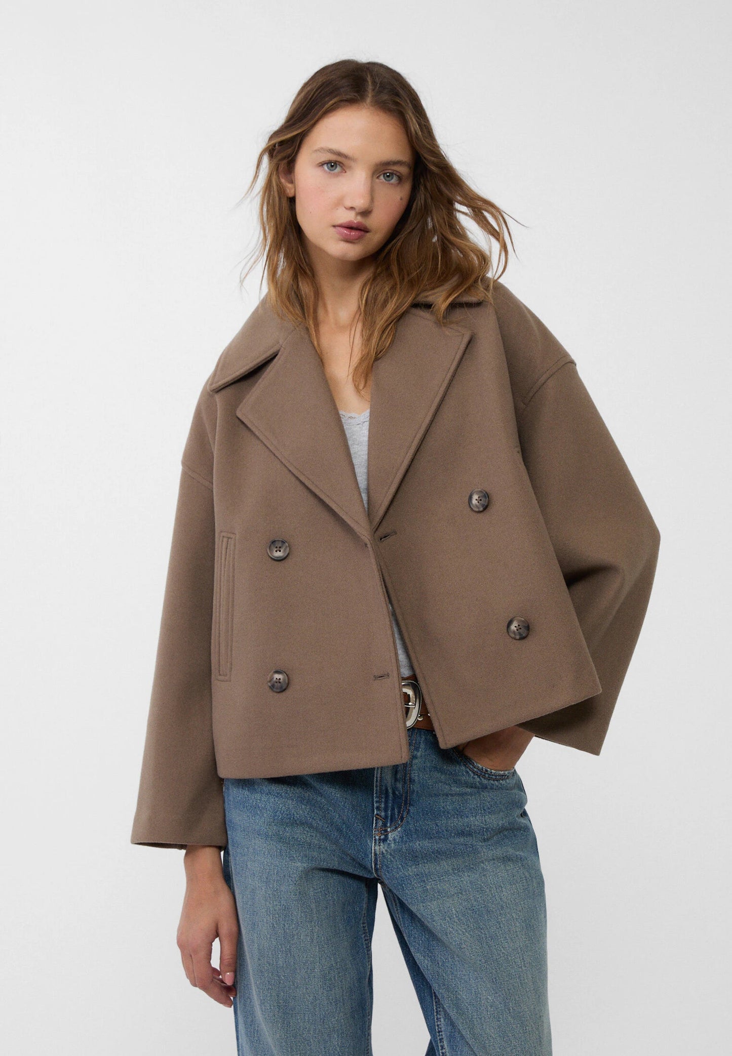 Cropped wool blend peacoat with notch lapel - view 4