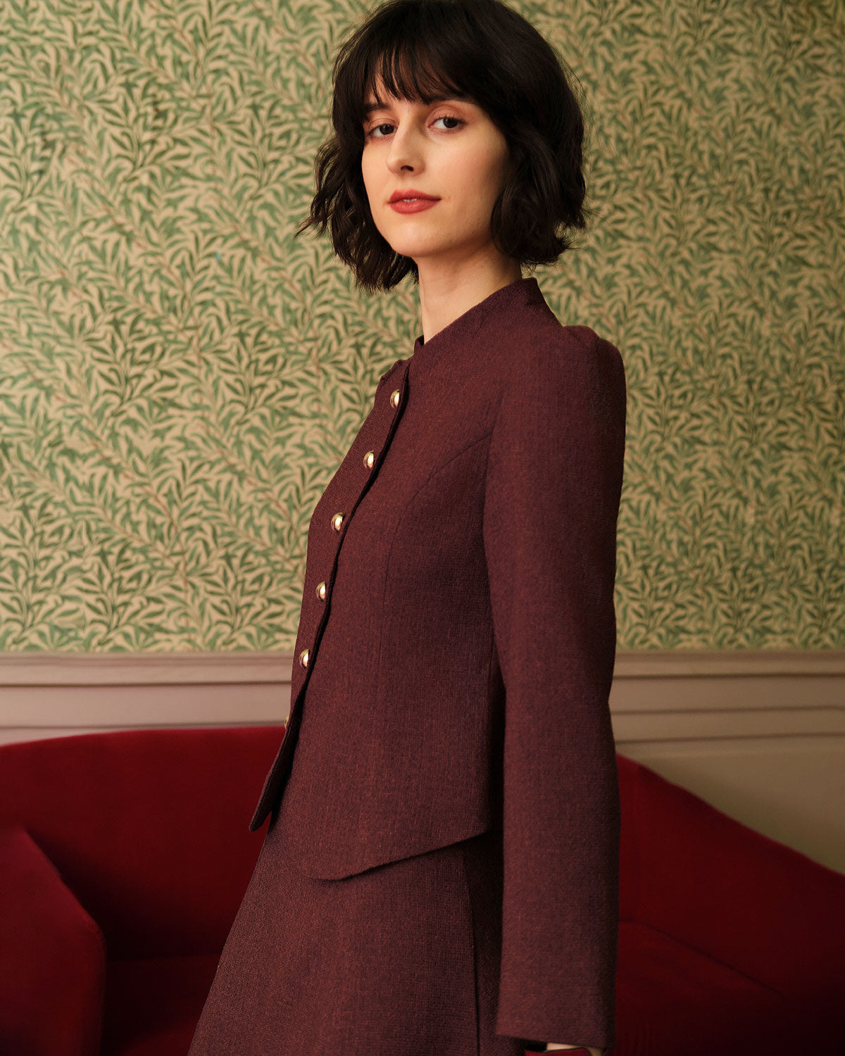 Burgundy Tweed Blazer with Puff Sleeves - view 4