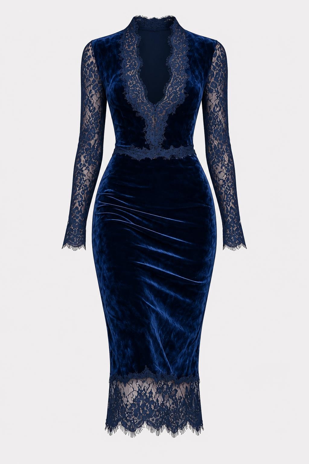 Dark Blue Velvet Midi Dress With Lace V-Neck - 1