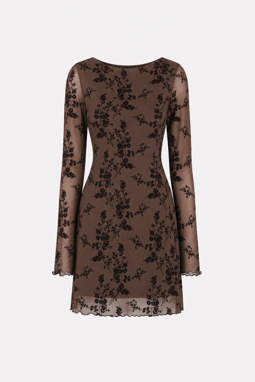 Coffee Floral Mesh Mini Dress with Boat Neck