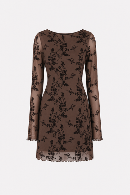 Coffee Floral Mesh Mini Dress with Boat Neck