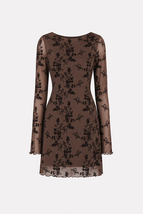 Coffee Floral Mesh Mini Dress with Boat Neck