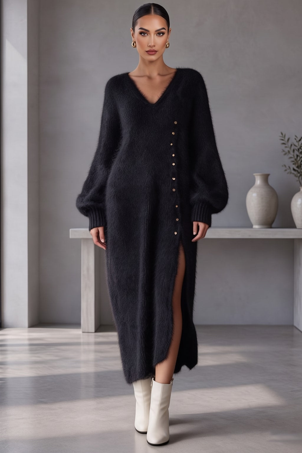 Knit Sweater Midi Dress With Balloon Sleeves - 6