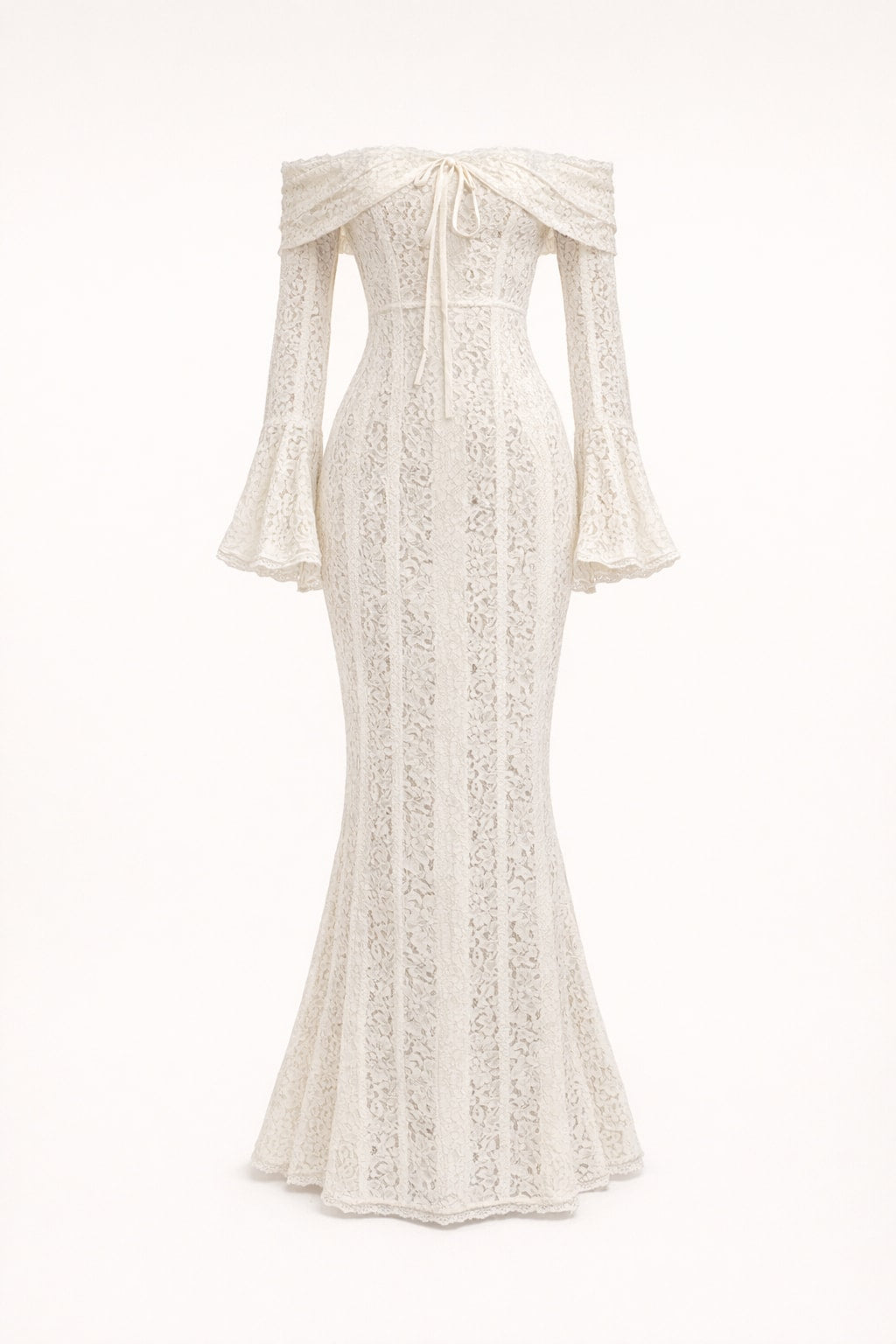 Cotton Lace Maxi Dress with Off-Shoulder Flared Sleeves - 1