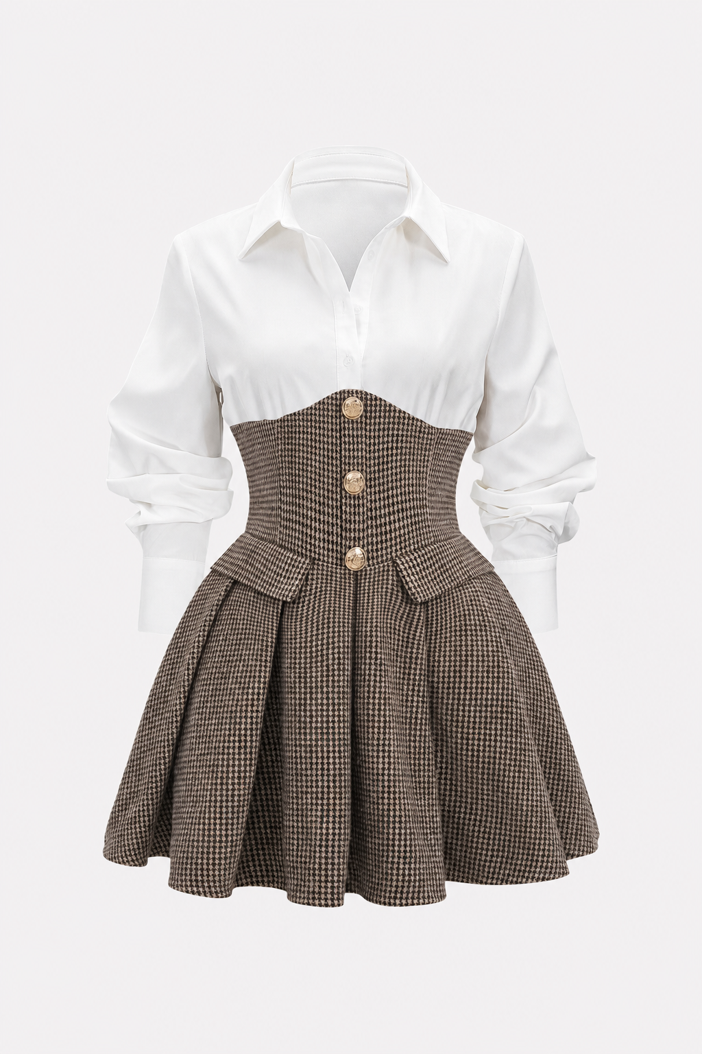Brown Houndstooth Tweed Pleated Mini Dress