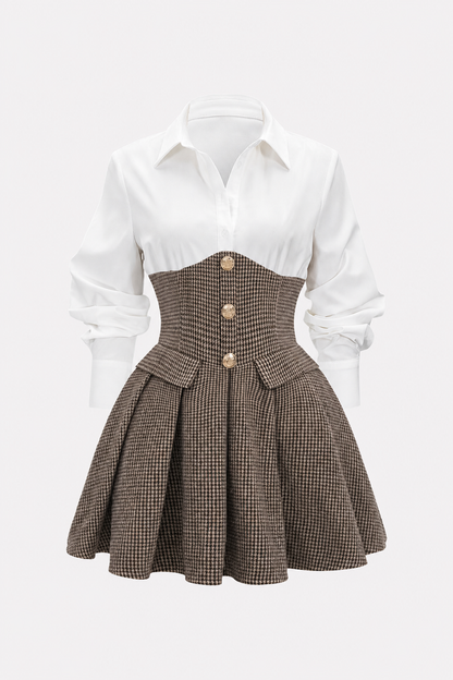 Brown Houndstooth Tweed Pleated Mini Dress