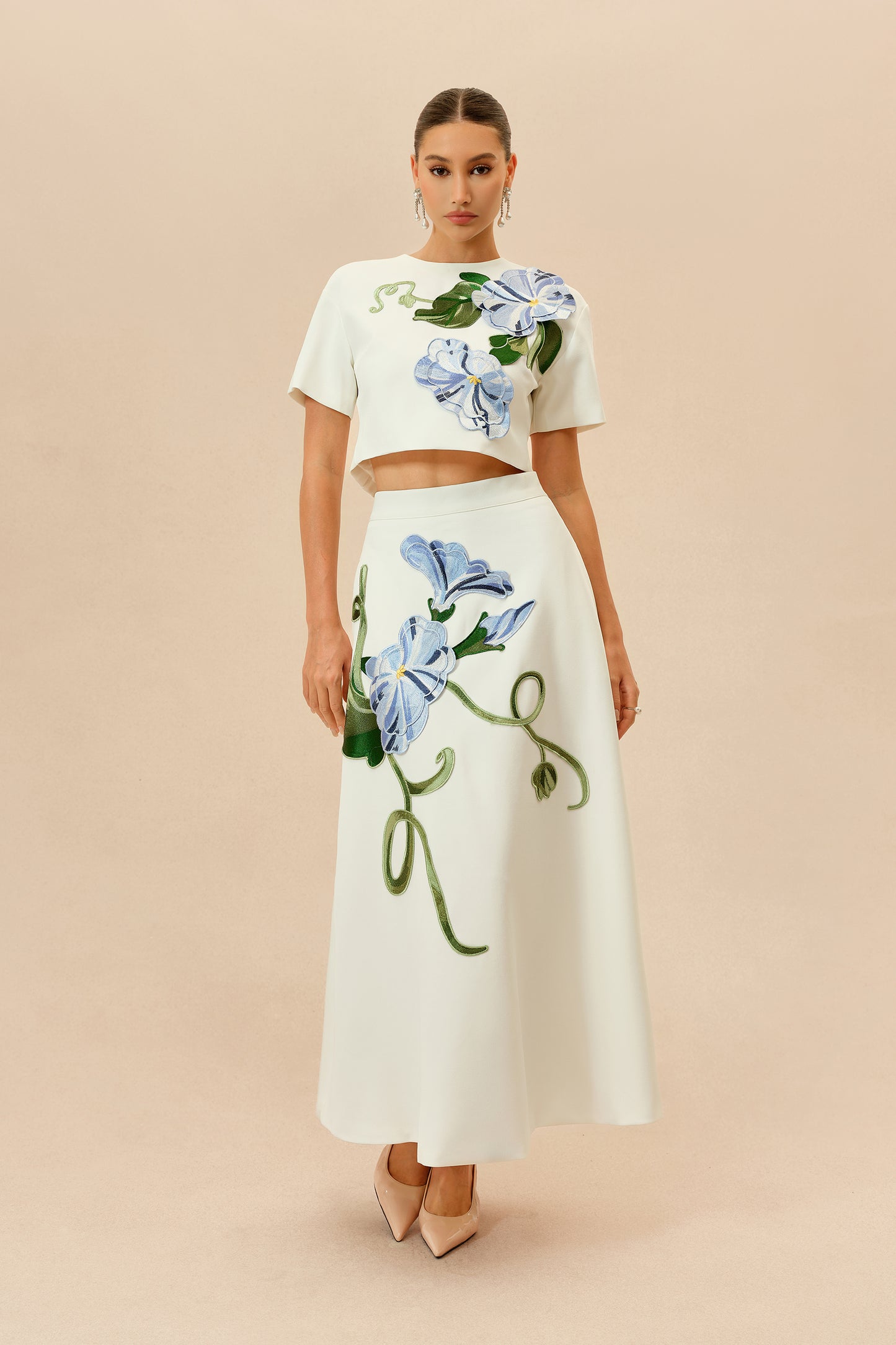 Floral Applique Cropped Top and Maxi Skirt Set - view 2