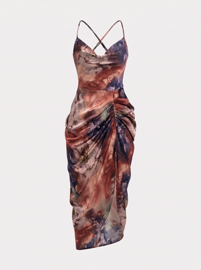 Satin draped cowl neck midi dress - view 5