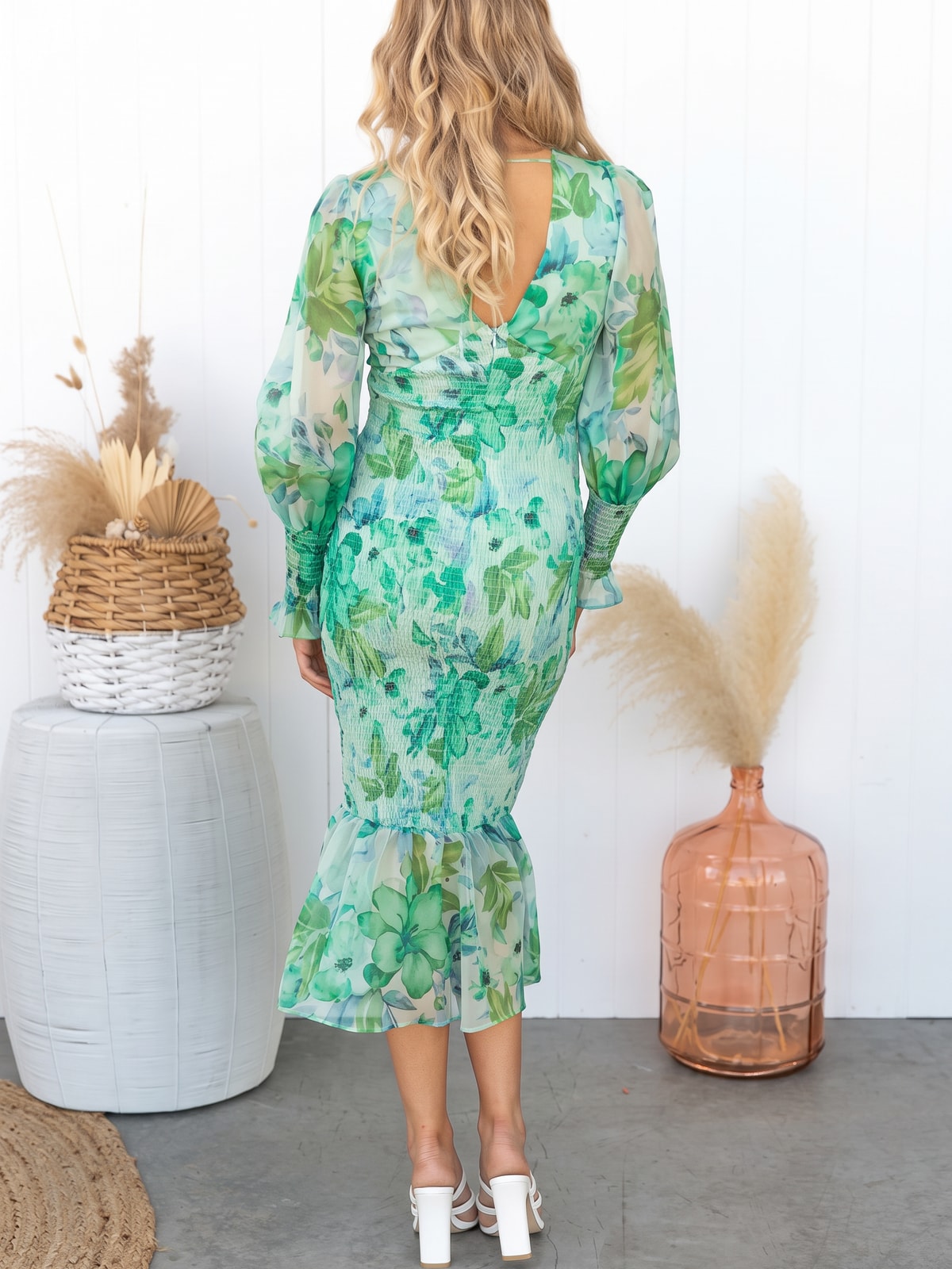 Floral Smocked Waist Midi Dress - 8