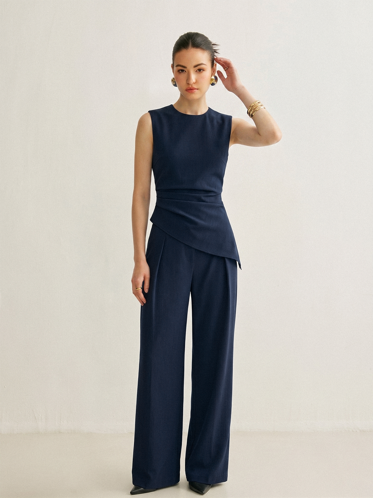 Woven Asymmetric Top & Pleated Pants Set - 8