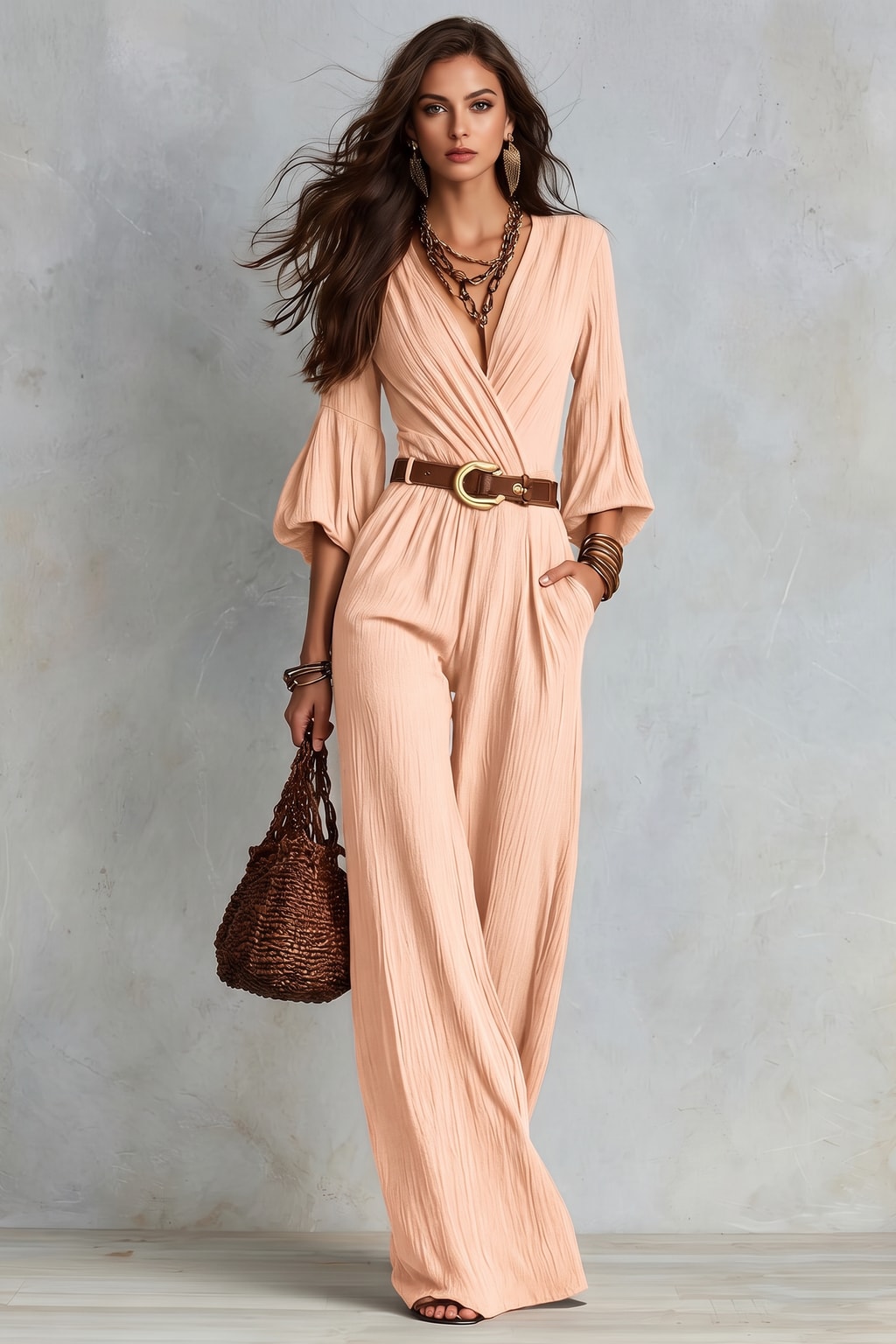 Polyester Wide Leg Jumpsuit With Deep V-Neck - 7