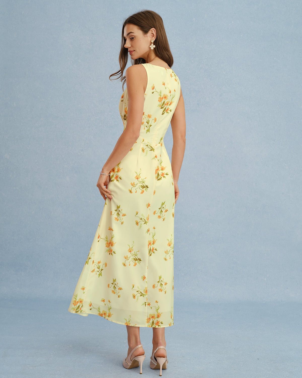 Yellow floral chiffon maxi dress with V-neck - view 4