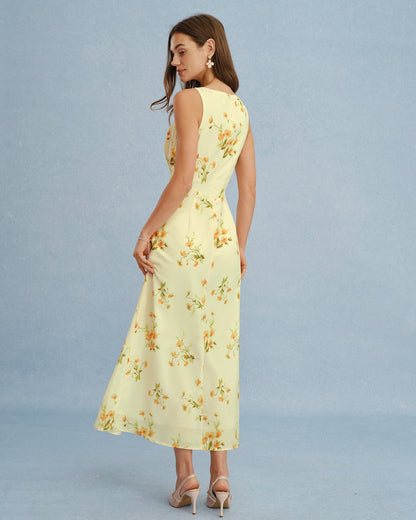 Yellow floral chiffon maxi dress with V-neck - view 4