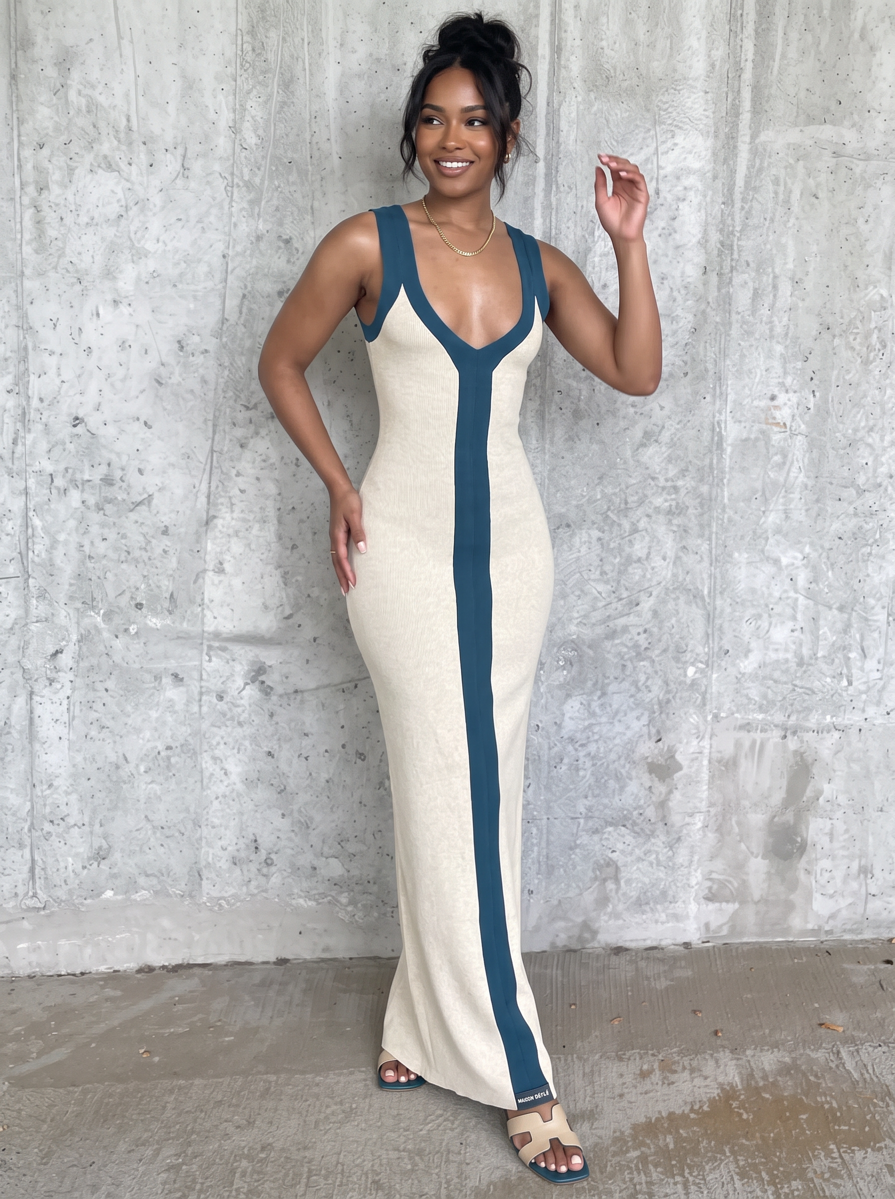 Ribbed colorblock maxi dress with side split - view 2