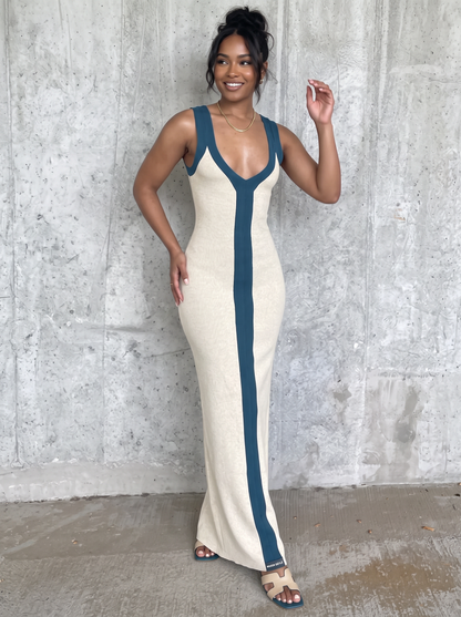 Ribbed colorblock maxi dress with side split - view 2