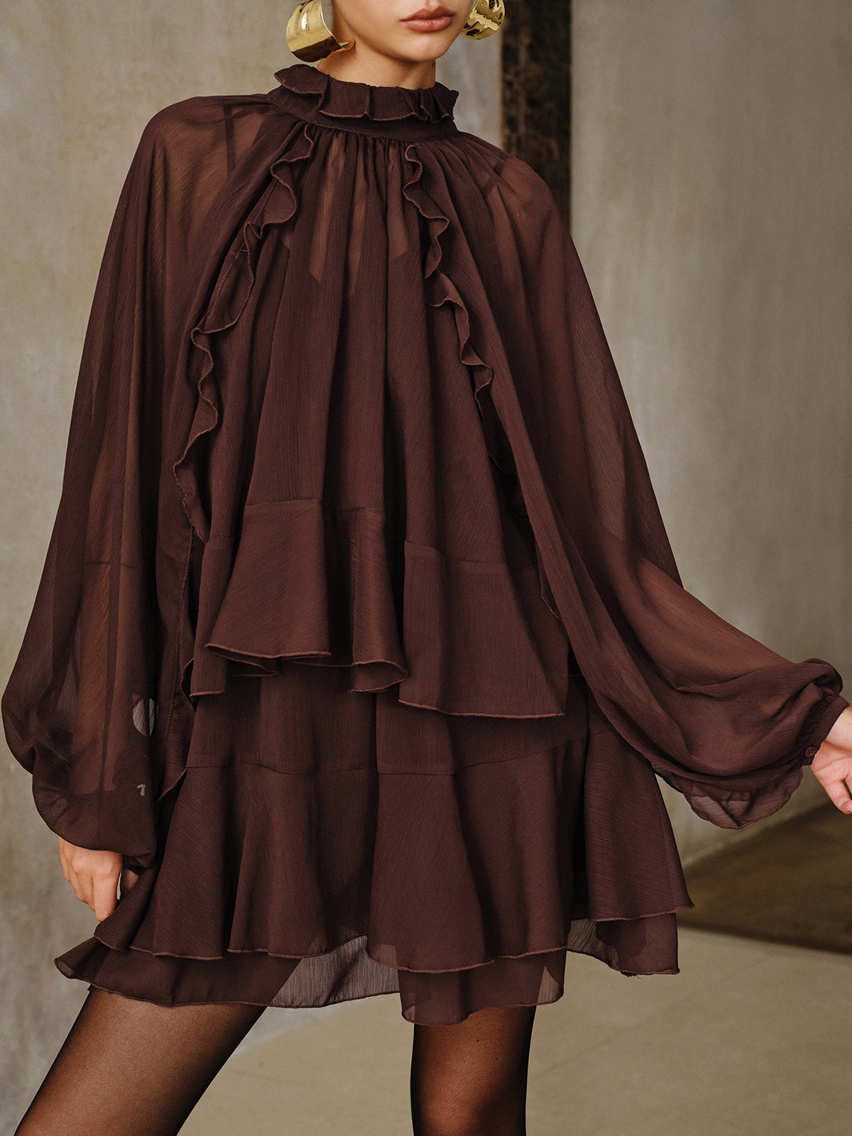 Tiered Ruffle Chiffon Mini Dress, Long Sleeve - view 3