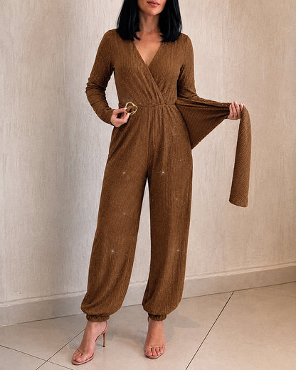 Brown Wrap V-Neck Jumpsuit with Tie Belt - view 5