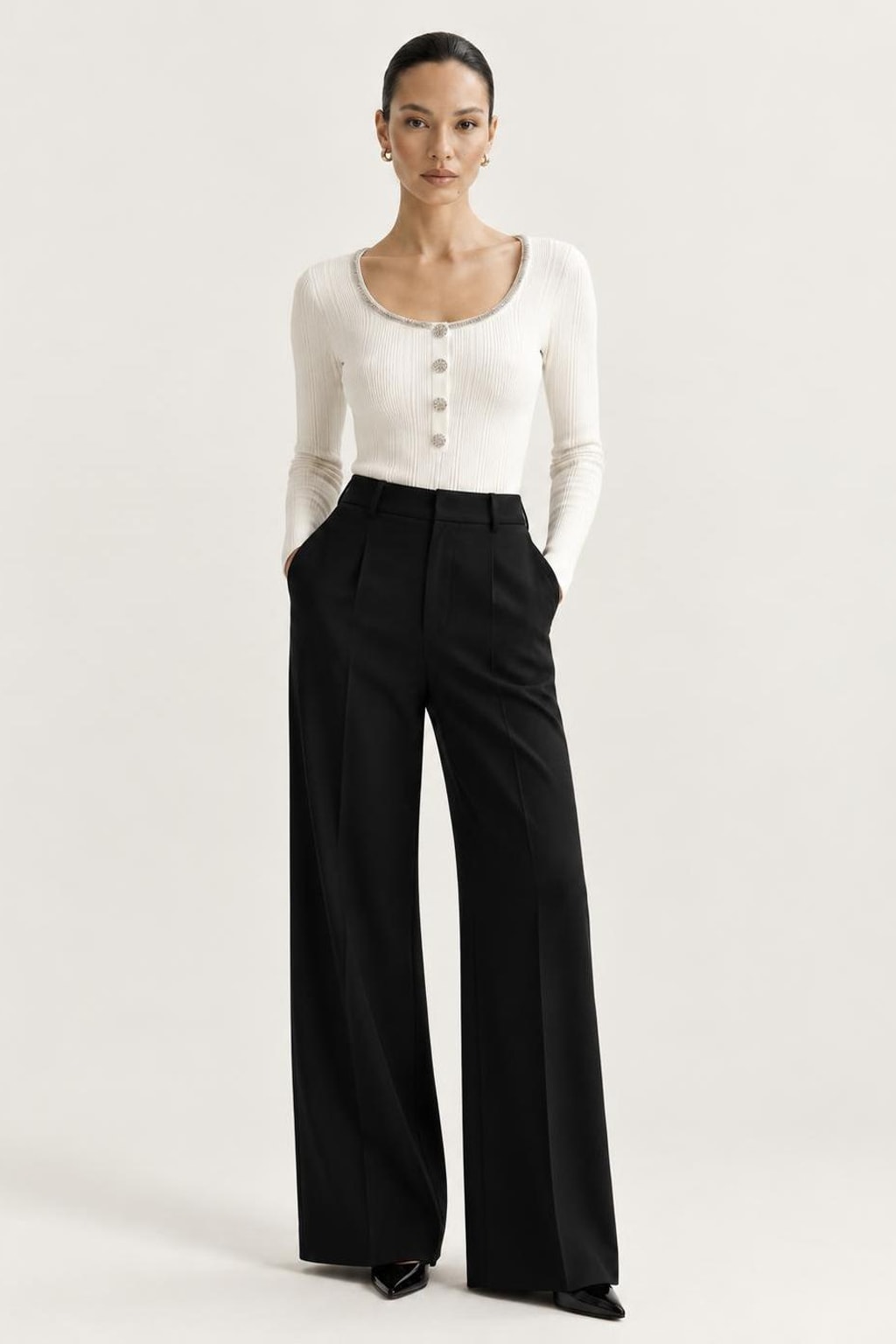 Viscose-Wool Blend Diamond-Embellished Scoop Neck Top - 3