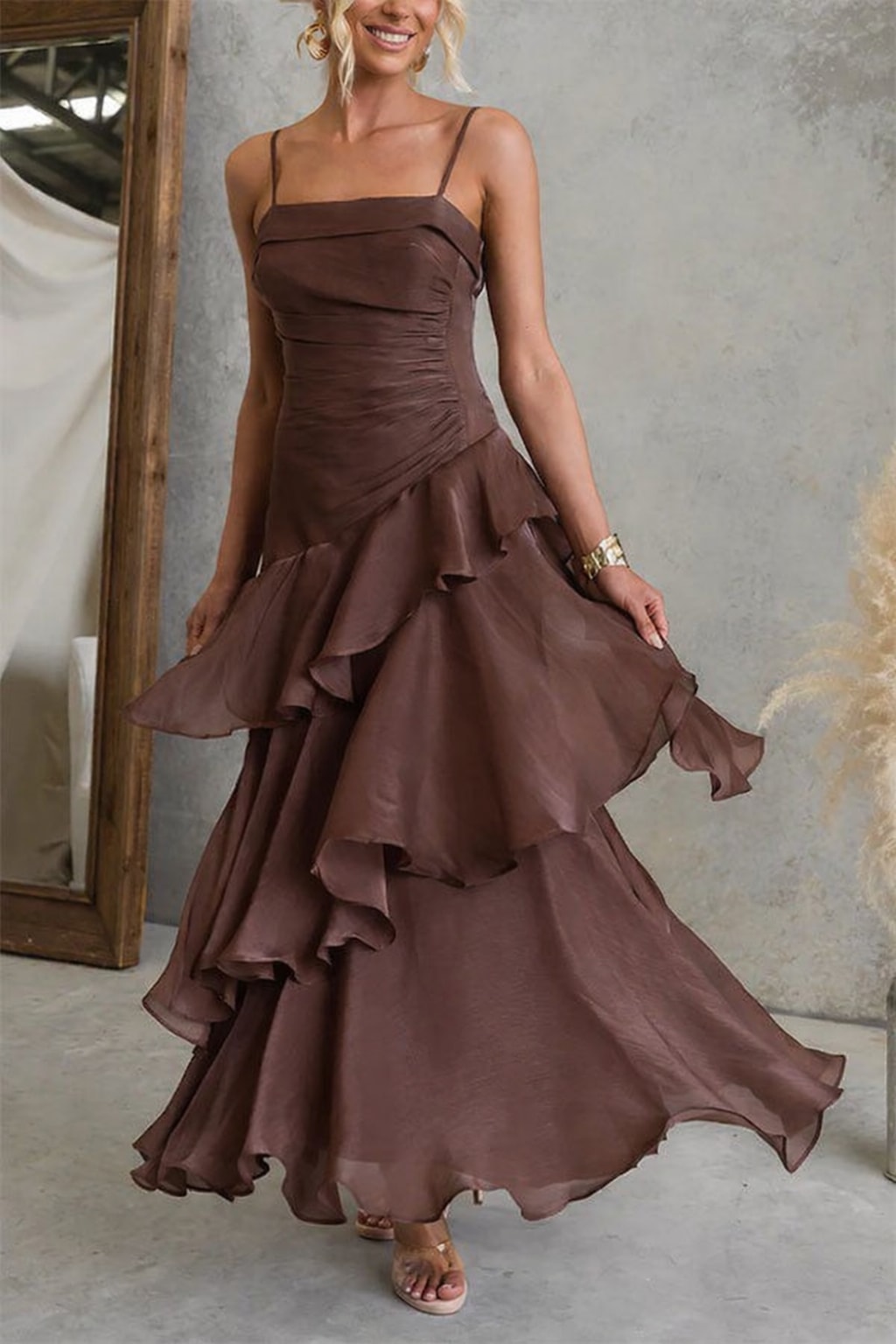 Polyester Maxi Dress With Square Neck And Ruffles - 5