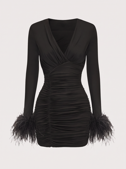 Feather Trim Sleeve Jersey Mini Dress