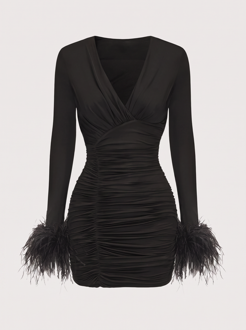 Feather Trim Sleeve Jersey Mini Dress