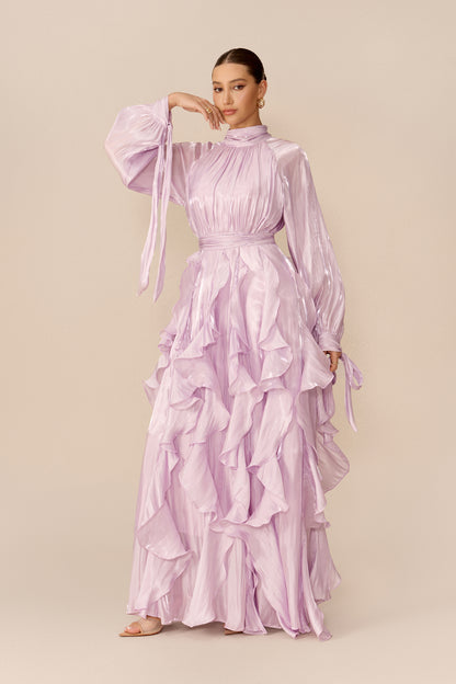Purple puff sleeve maxi dress with ruffle trim - view 5