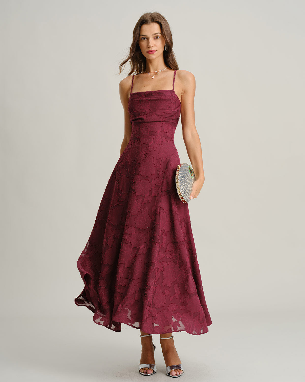 Wine red jacquard slip maxi dress - view 2