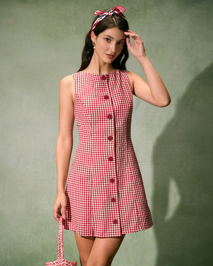 Red plaid cotton mini dress with boat neckline - view 5