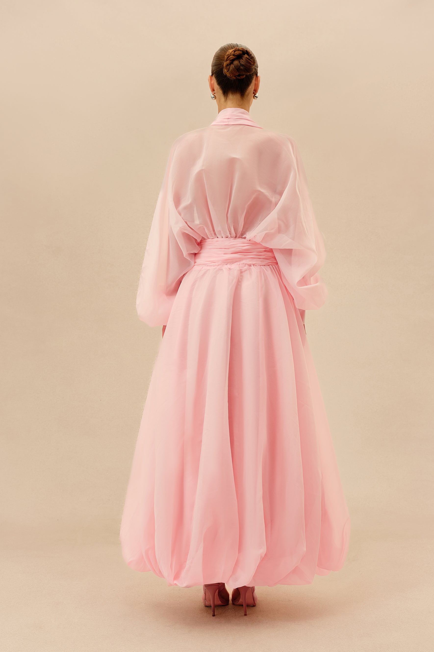 Pink V-neck puff sleeve organza maxi dress - view 4