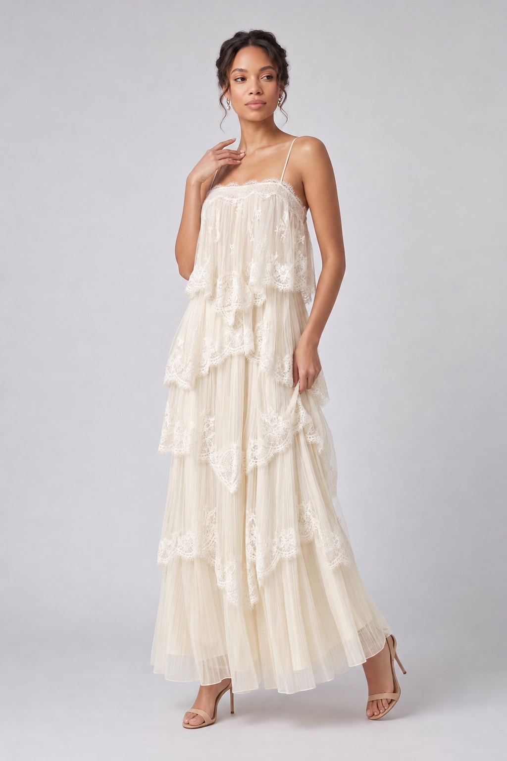Chiffon Tiered Maxi Dress With Lace Trim - 6