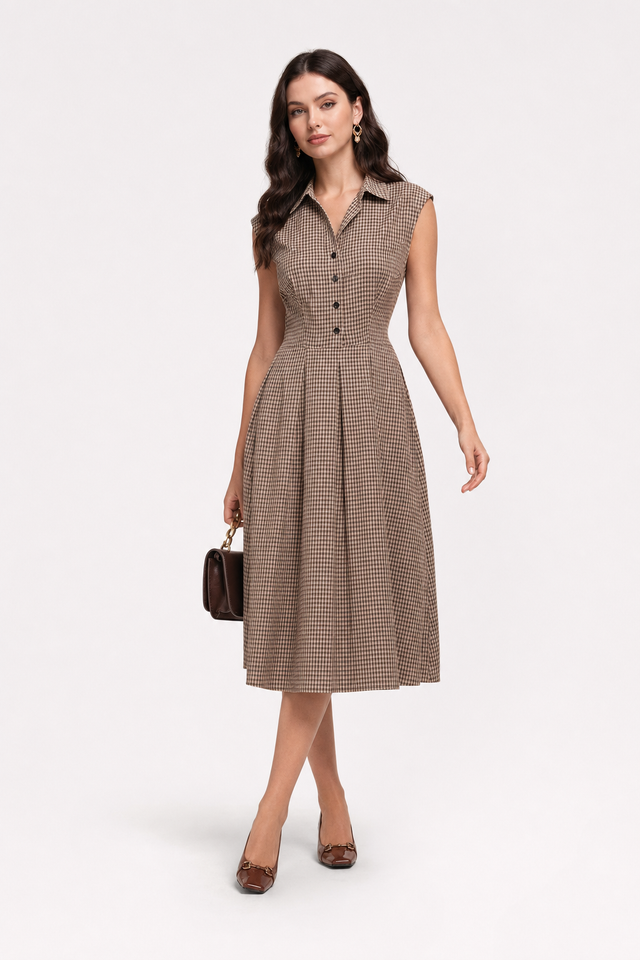 Plaid Button-Front Midi Dress With Pleated Cotton Skirt - 2