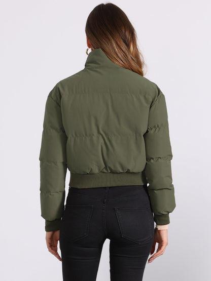 Padded Cropped Bomber Jacket With Stand Collar - view 19