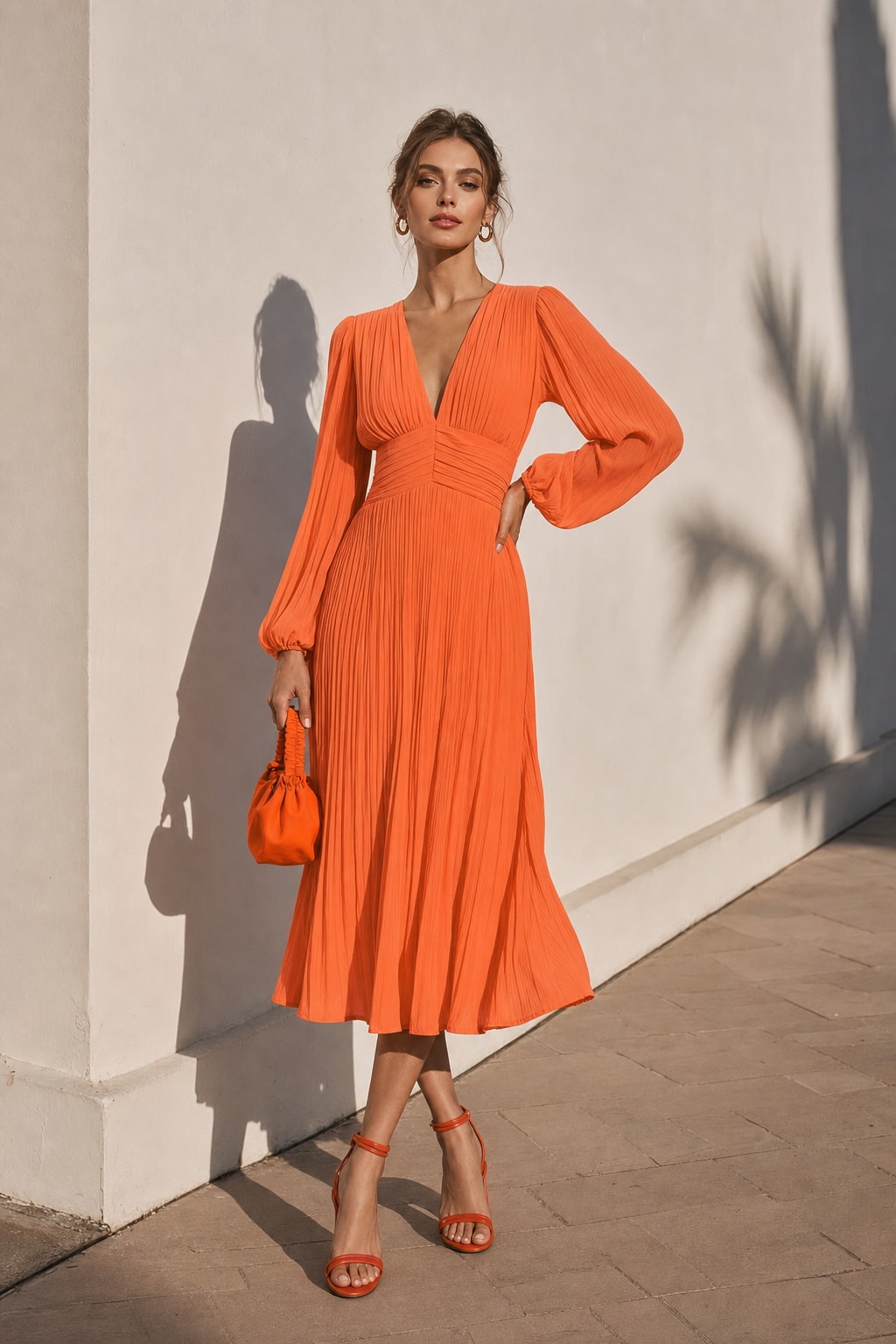 Chiffon Balloon Sleeve A-Line Midi Dress - 5