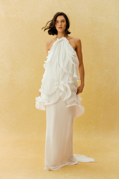 White Chiffon Halter Maxi Dress with Ruffle Front - view 2