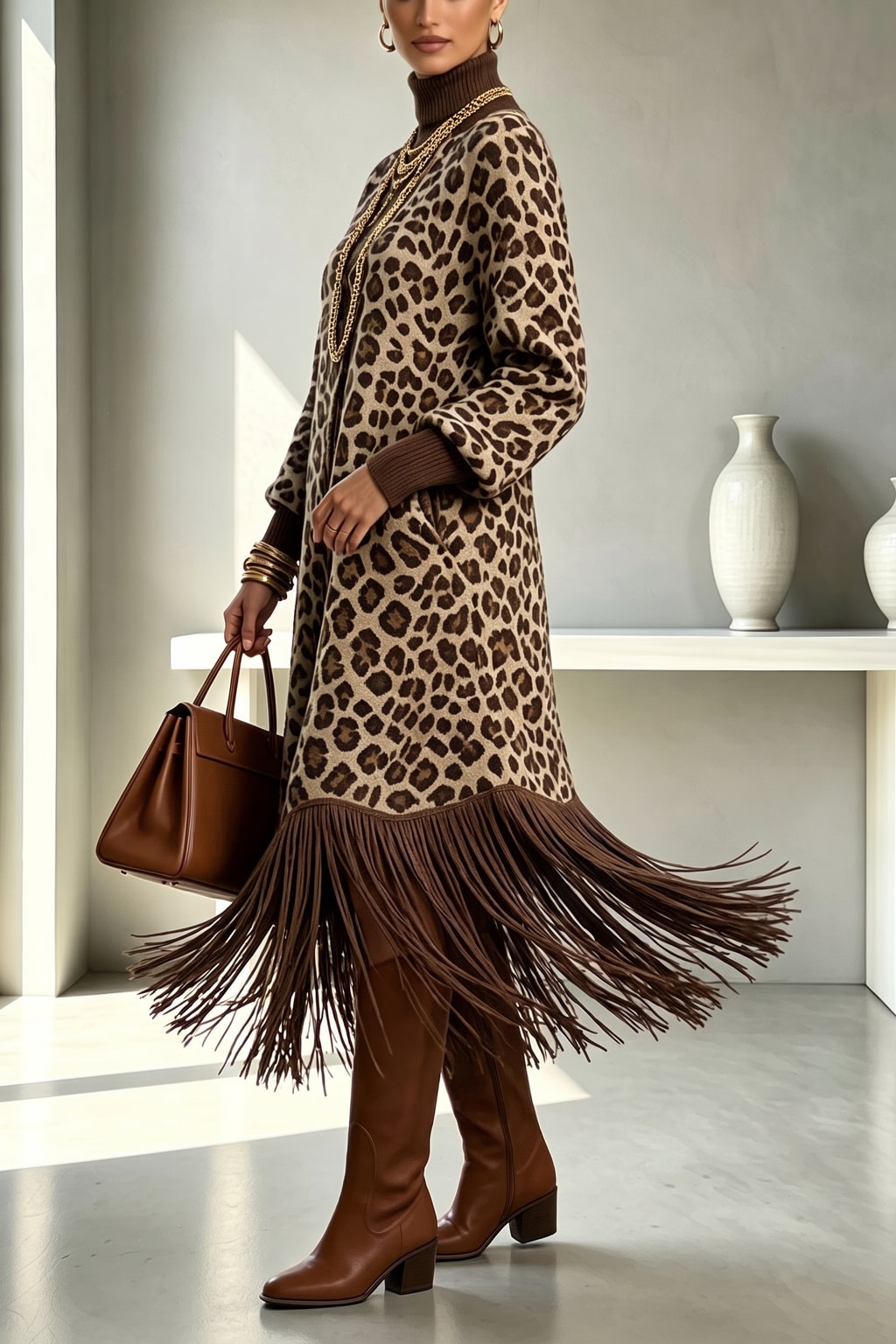 Polyester Midi Dress With Leopard Print Detail - 4