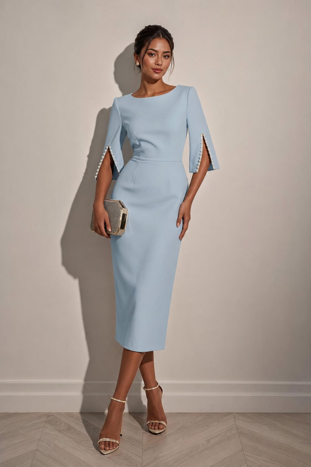 Pearl-Embellished Sheath Midi Dress With Crew Neck - 10