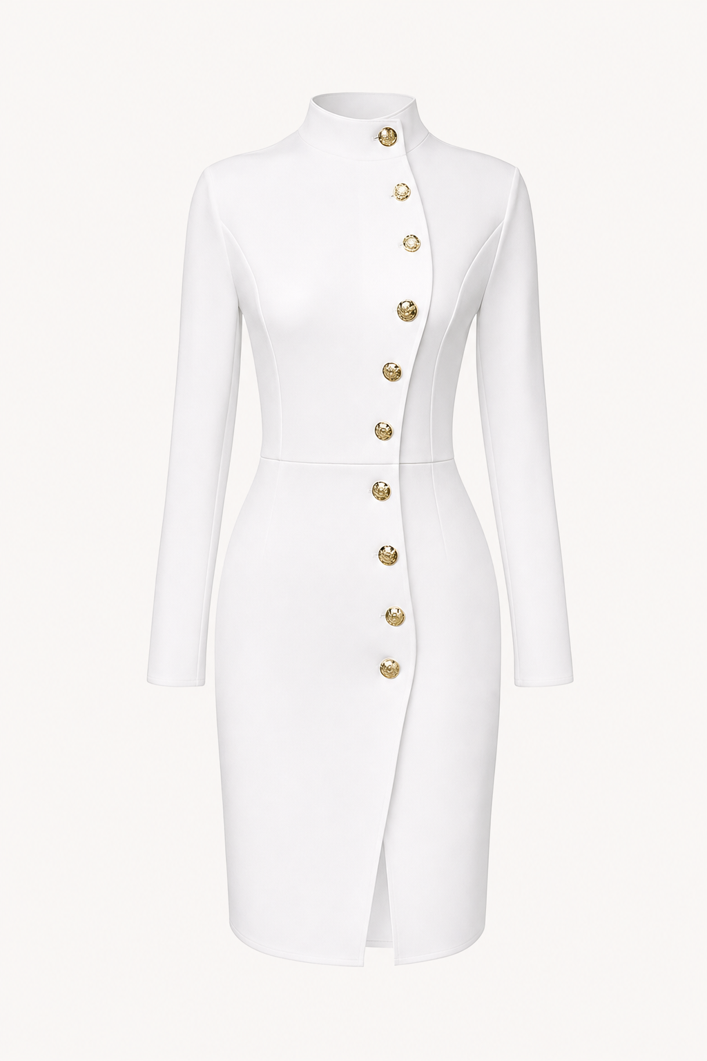 Stand Collar Metal Button Midi Dress