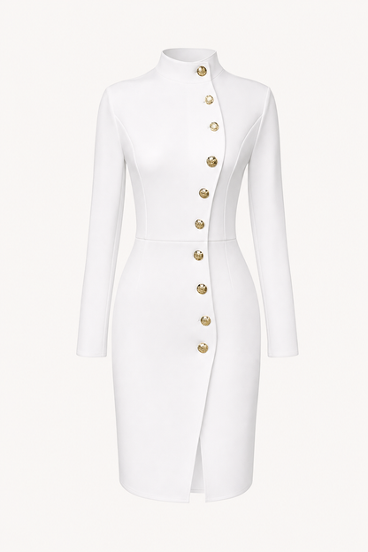 Stand Collar Metal Button Midi Dress