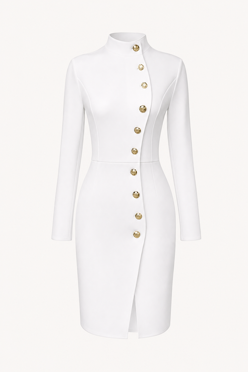 Stand Collar Metal Button Midi Dress