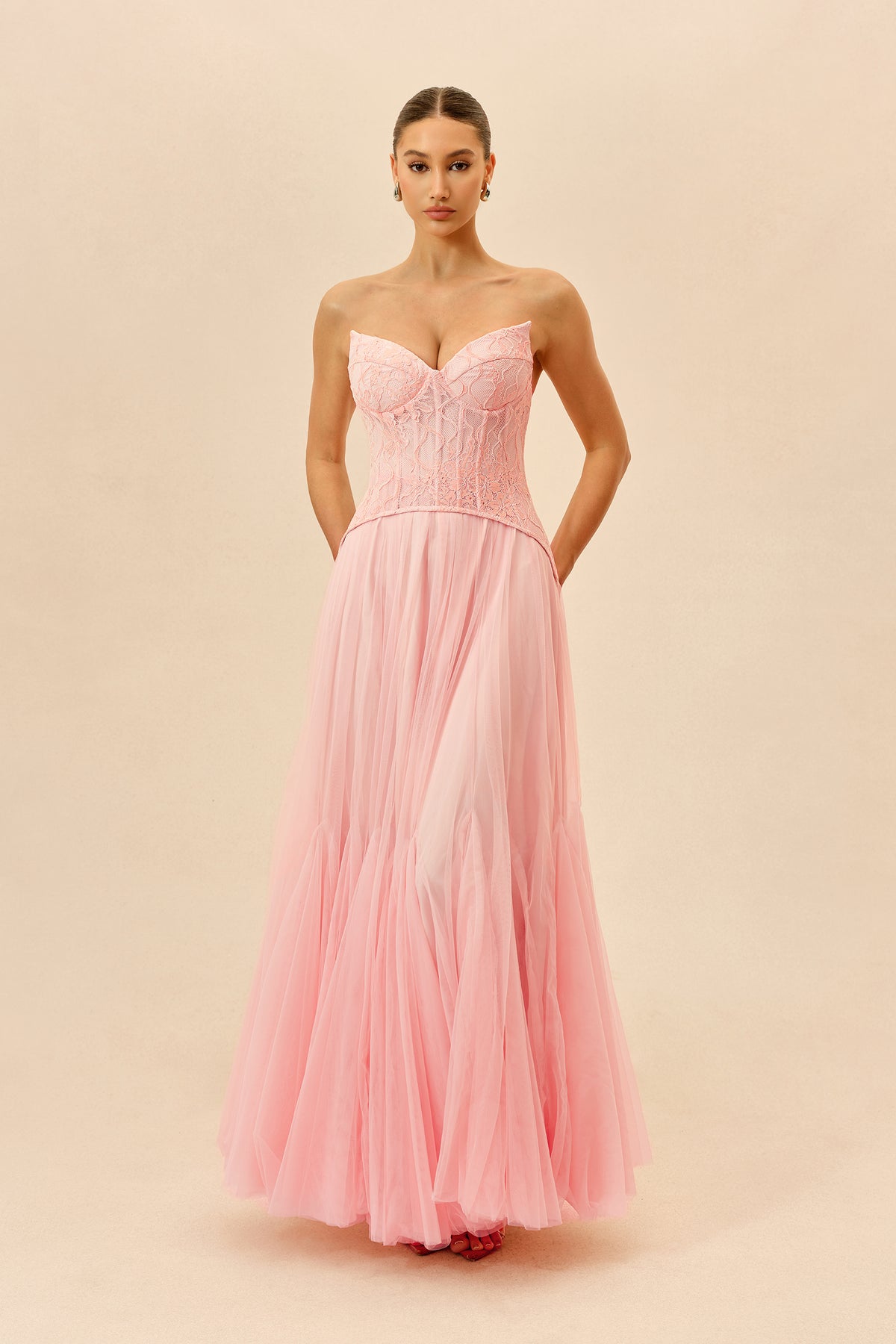 Pink Lace Bustier Organza Maxi Dress - view 2