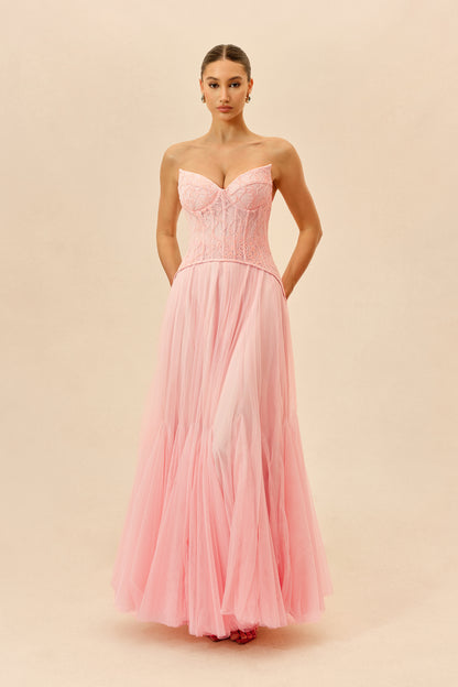 Pink Lace Bustier Organza Maxi Dress - view 2